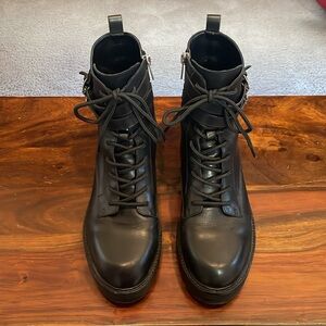 Marc Fisher black leather lace up zip buckle strap combat biker boots size 9.